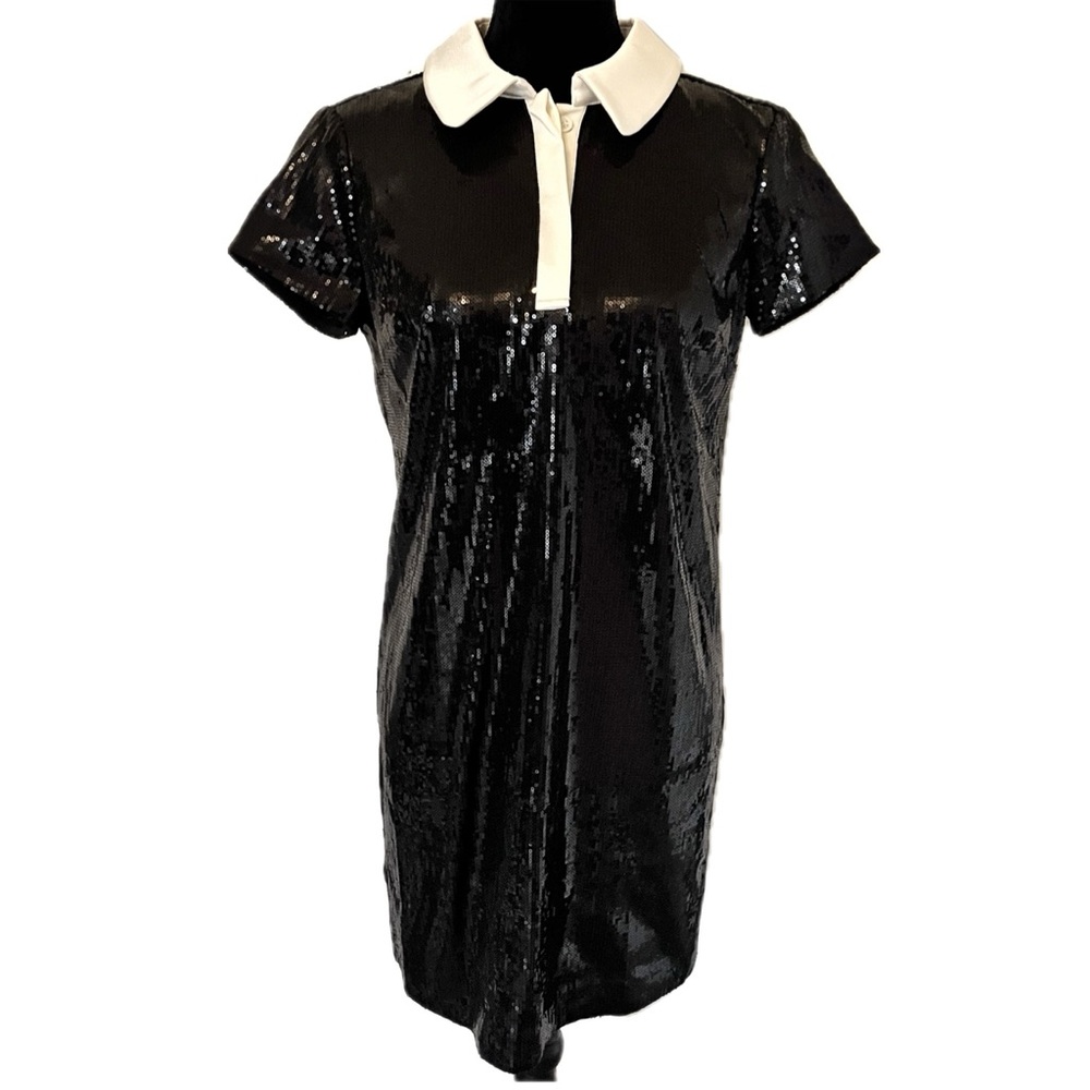 ANN TAYLOR Black Sequin Dress MOD  Sheath Style with White Satin Collar Size 2